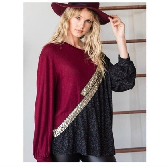 Colorblock Burgundy & Black Long Sleeve Top W/Gold Sequin Accent-NEW - Picture 8 of 8